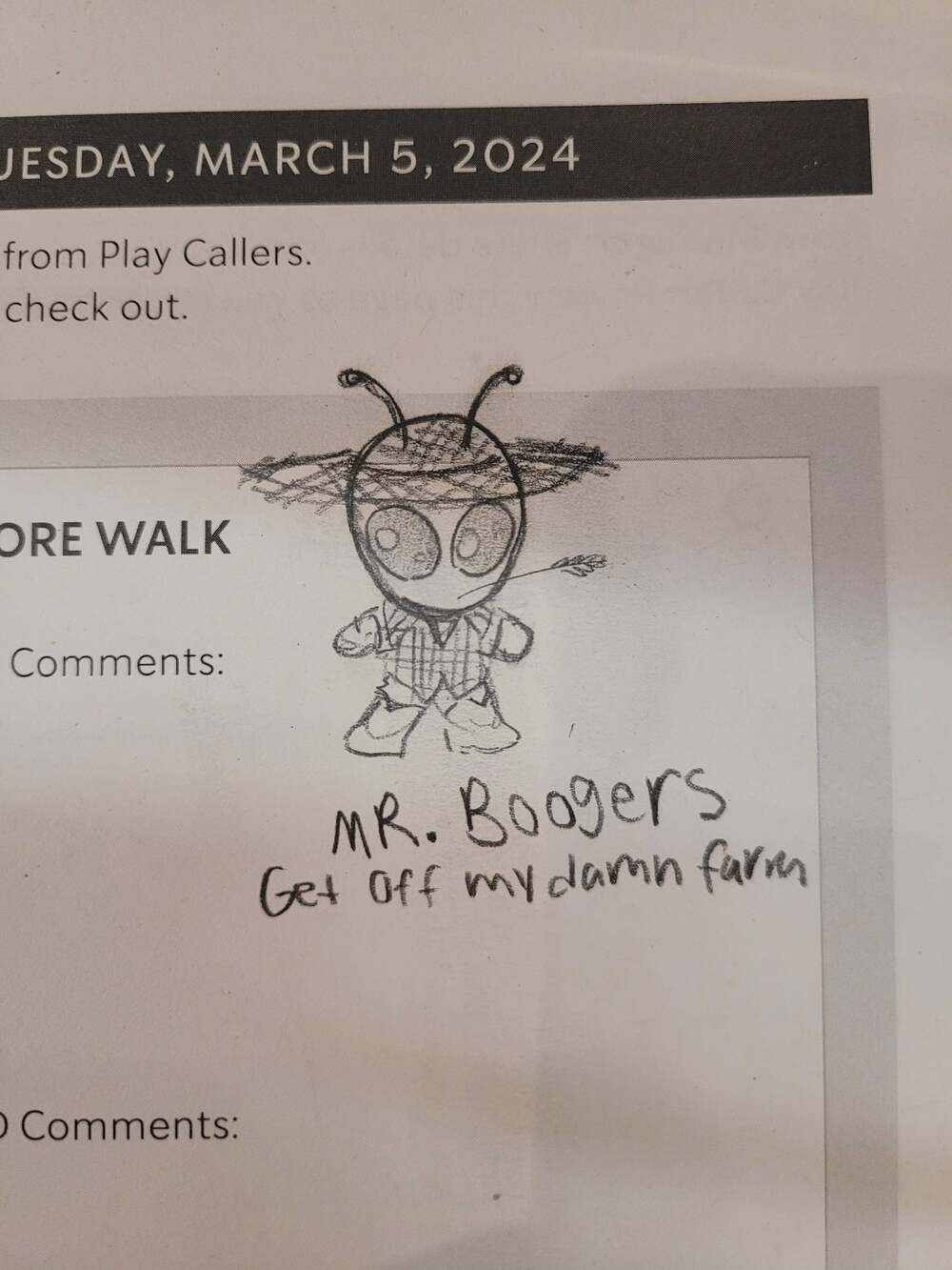 A space alien in a straw hat, flannel shirt, and cowboy boots captioned "Mr. Boogers. Get off my damn farm"