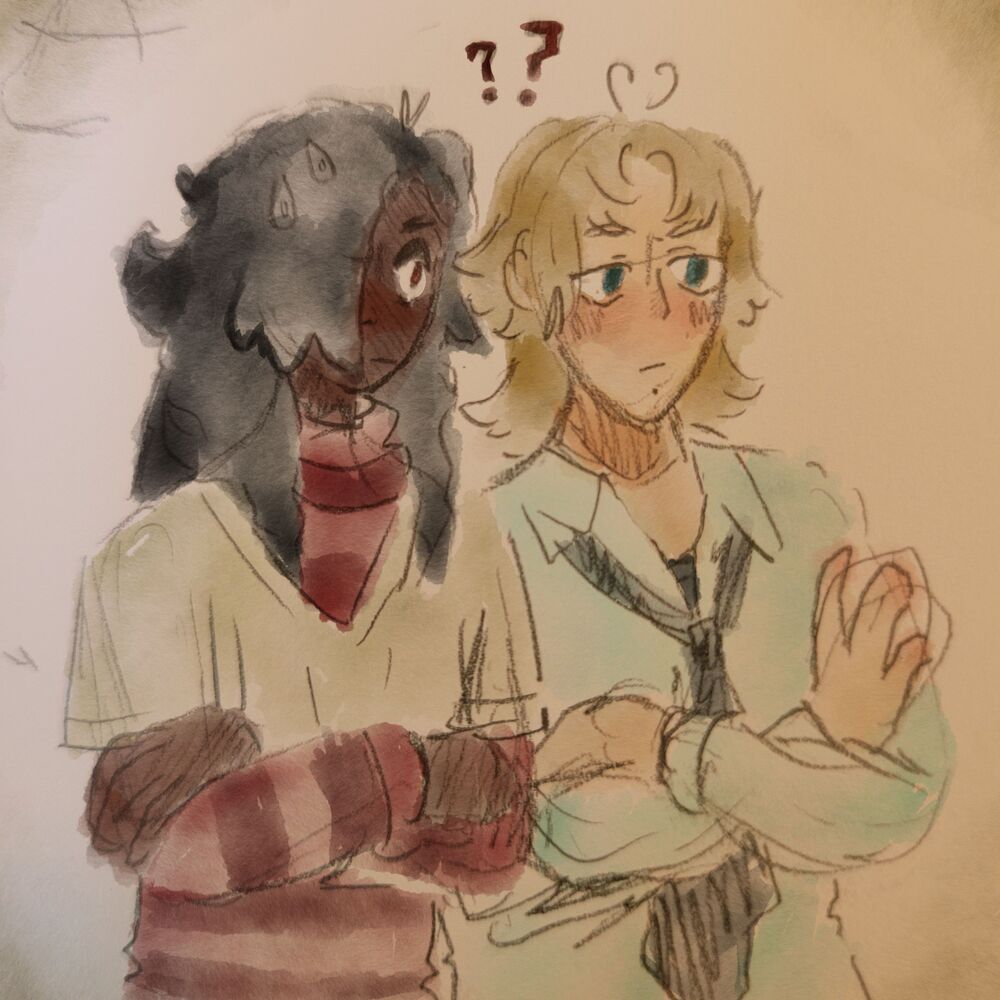 My OCs Lukas and Theodore, standing side-by-side with their arms crossed, looking off in the distance confused